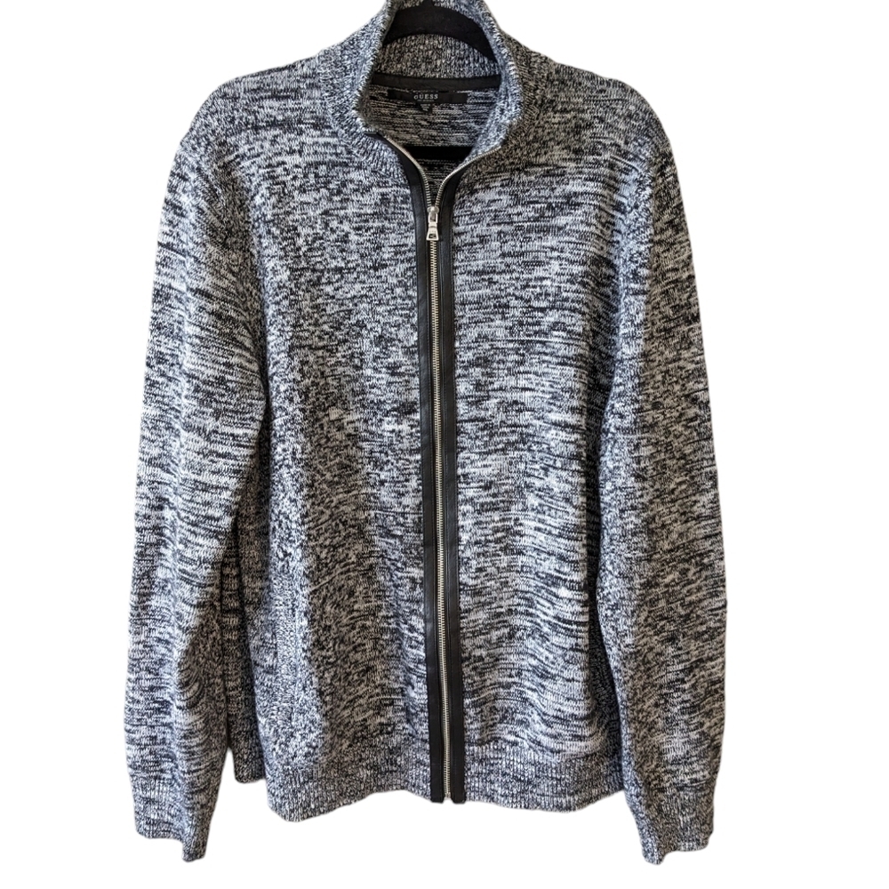 Guess men's cardigan grandpa style grey heathered size XXL faux leather Trim